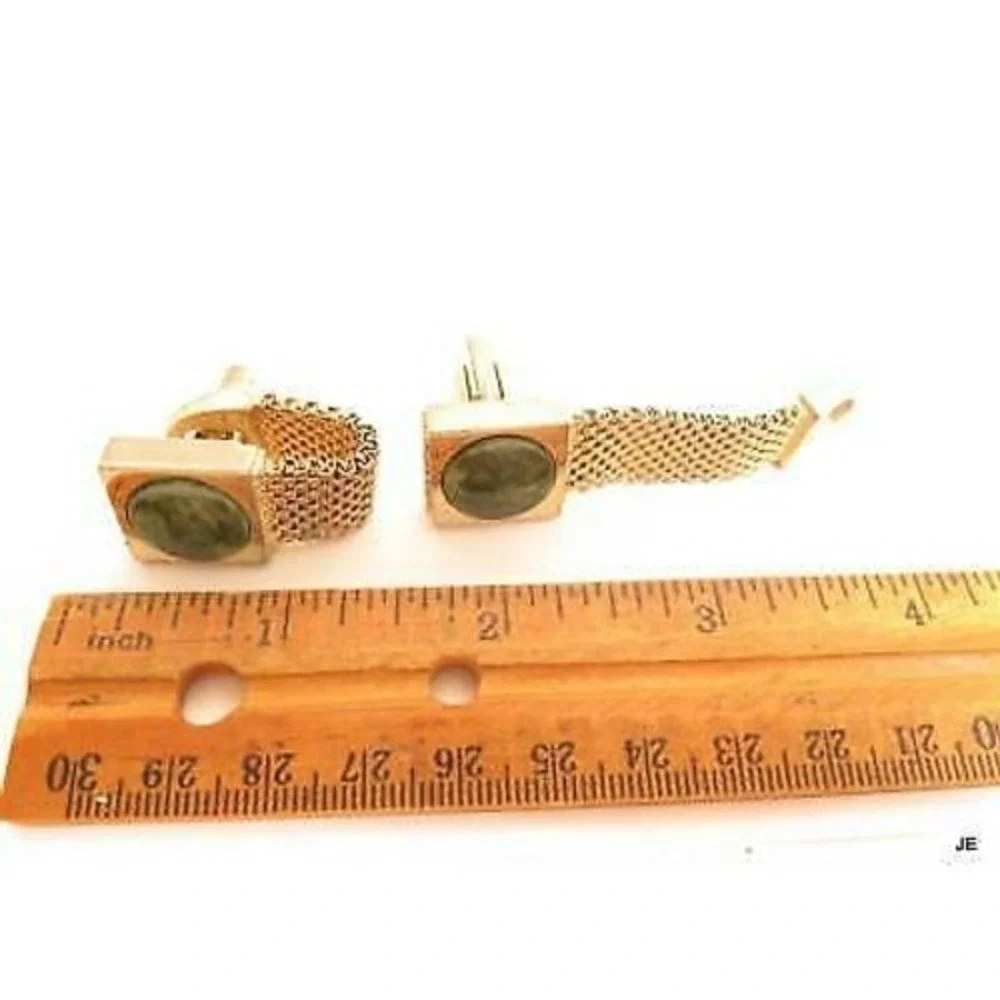 Vintage Green Jade Gemstone Gold Plated Wrap Around Mesh‎ Men's Cufflinks